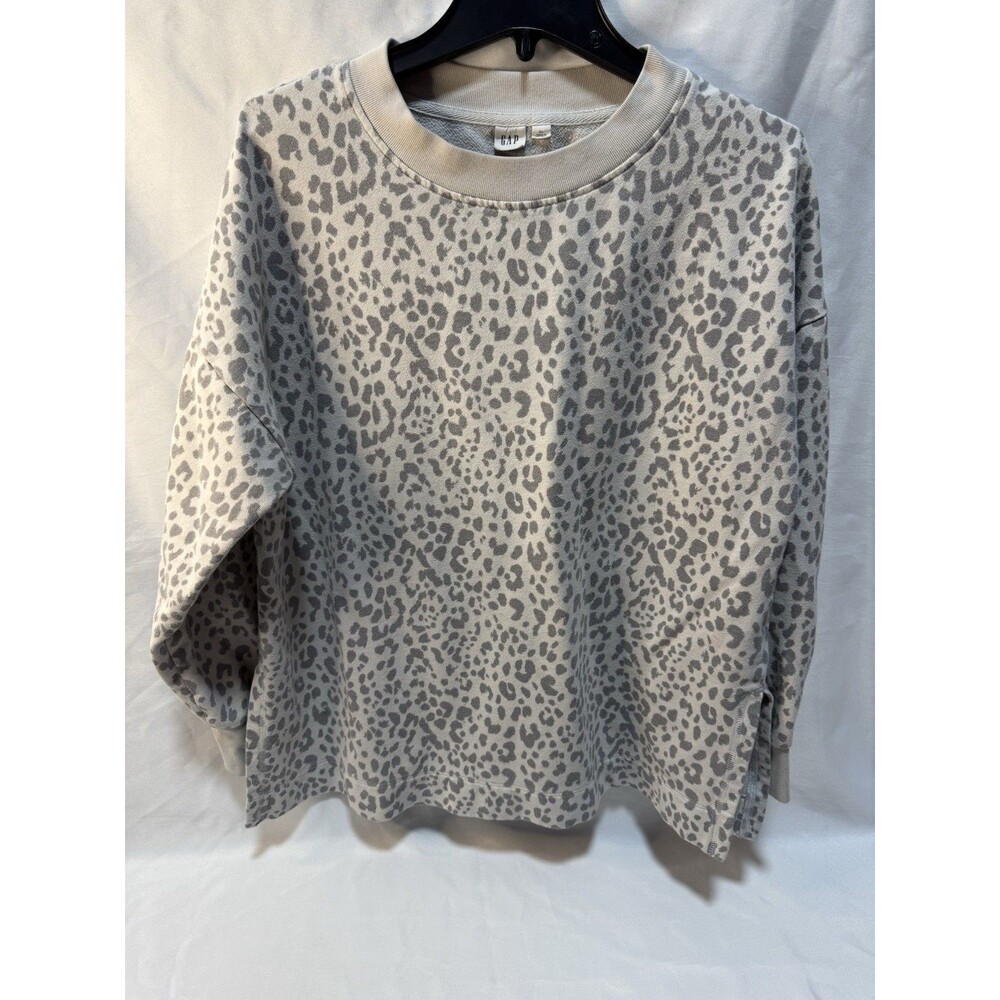 GAP Women Gray Leopard Print Fleece Tunic Pullover Sweatshirt XL